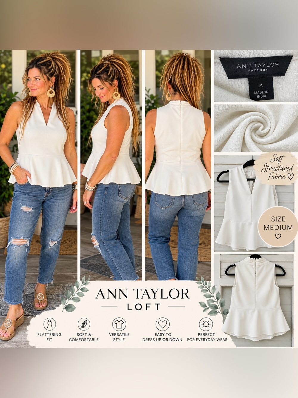Ann Taylor White Peplum V-Neck Sleeveless Top